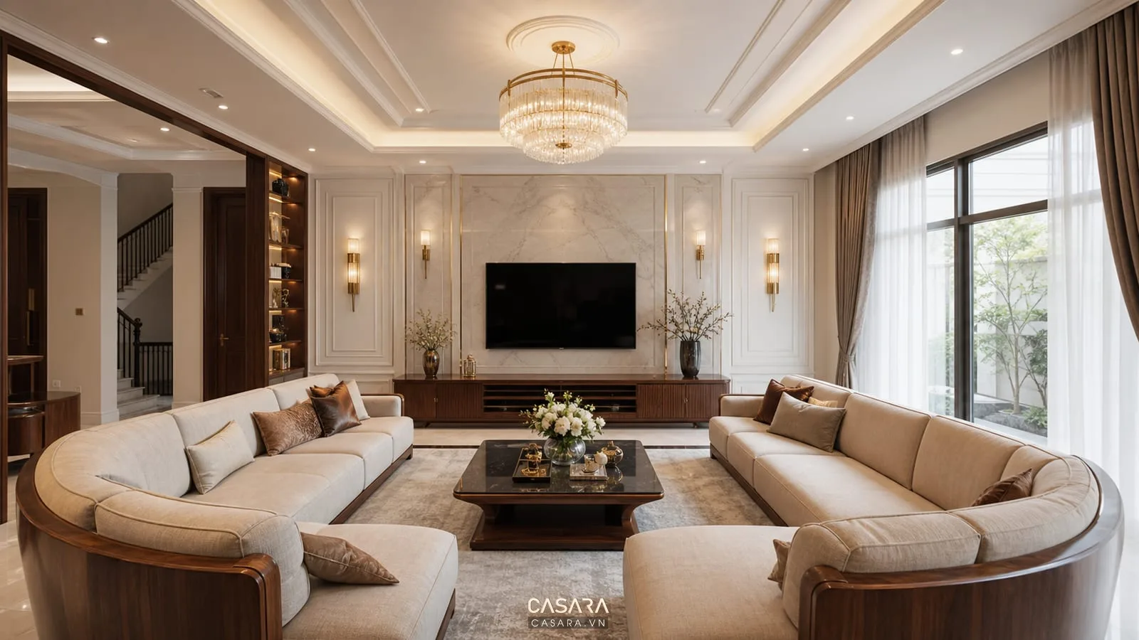 Nội thất biệt thự tân cổ điển phòng khách với sofa, vách tivi và lối đi rộng