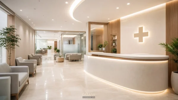 thiết kế nội thất showroom doctor khu lễ tân sáng sạch với quầy tiếp đón và ghế chờ