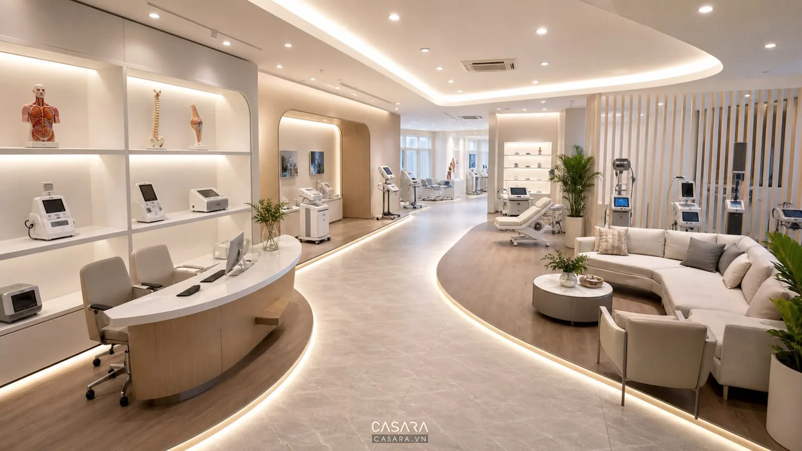 showroom doctor có lối đi chính rõ ràng với quầy tư vấn và kệ trưng bày thiết bị y tế