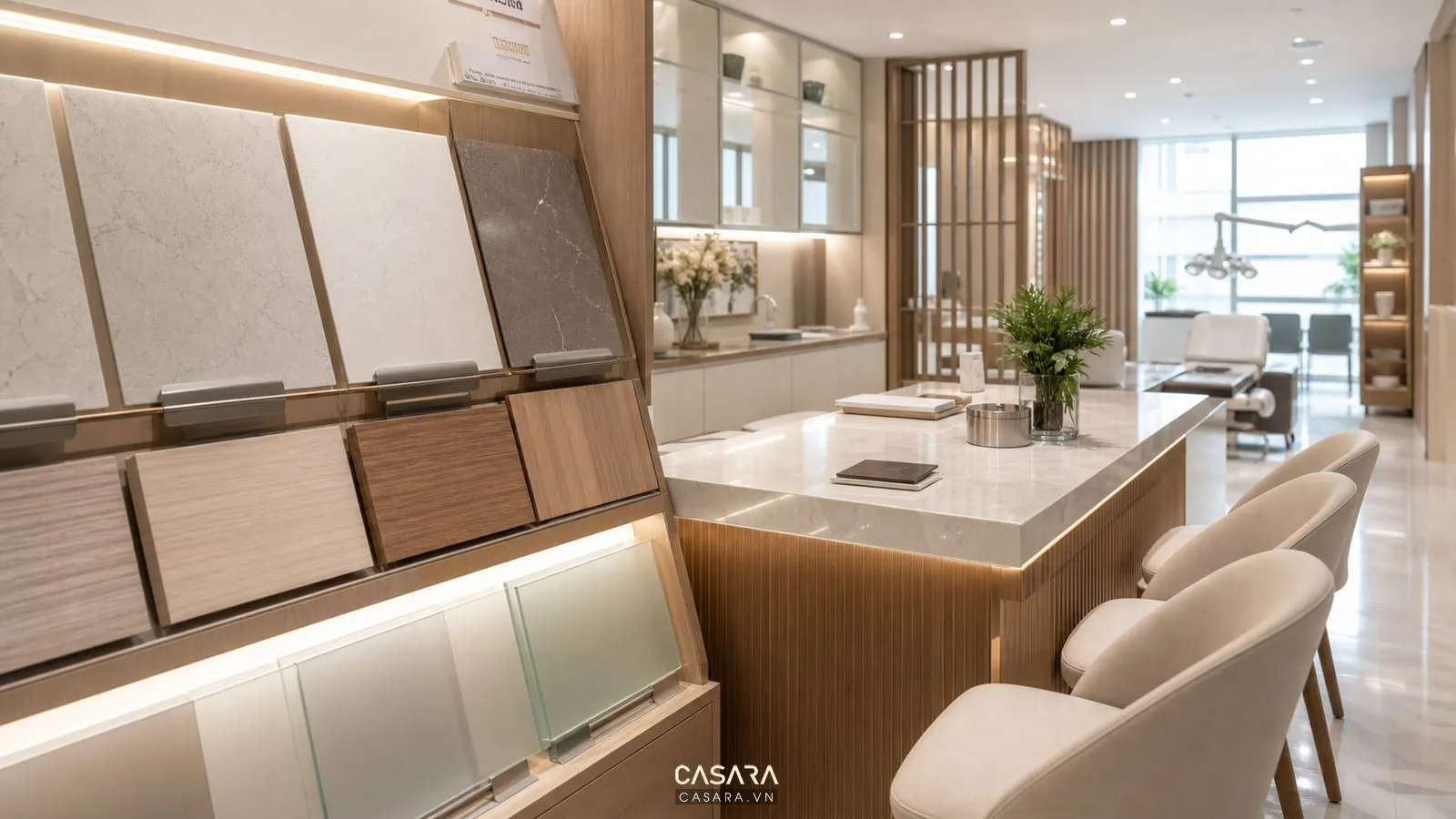 vật liệu nội thất showroom doctor gồm đá sáng màu gỗ kính mờ và kim loại xước