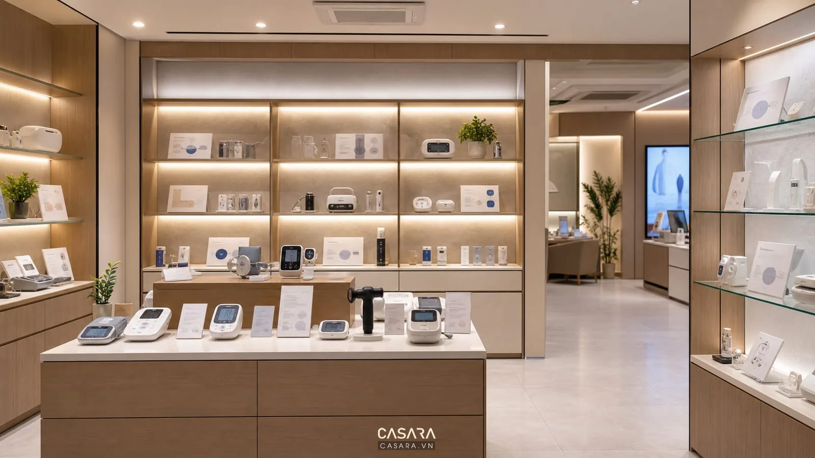kệ trưng bày showroom doctor có thiết bị chăm sóc sức khỏe và bảng thông tin ngắn