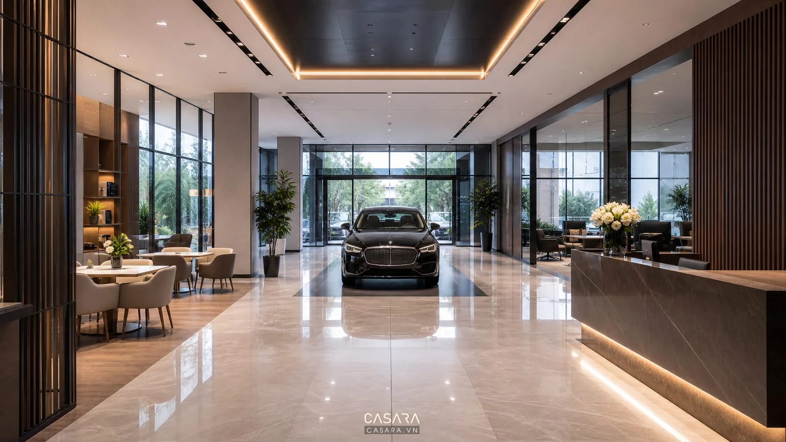 Thiết kế nội thất showroom ô tô với xe trưng bày và khu tư vấn hiện đại