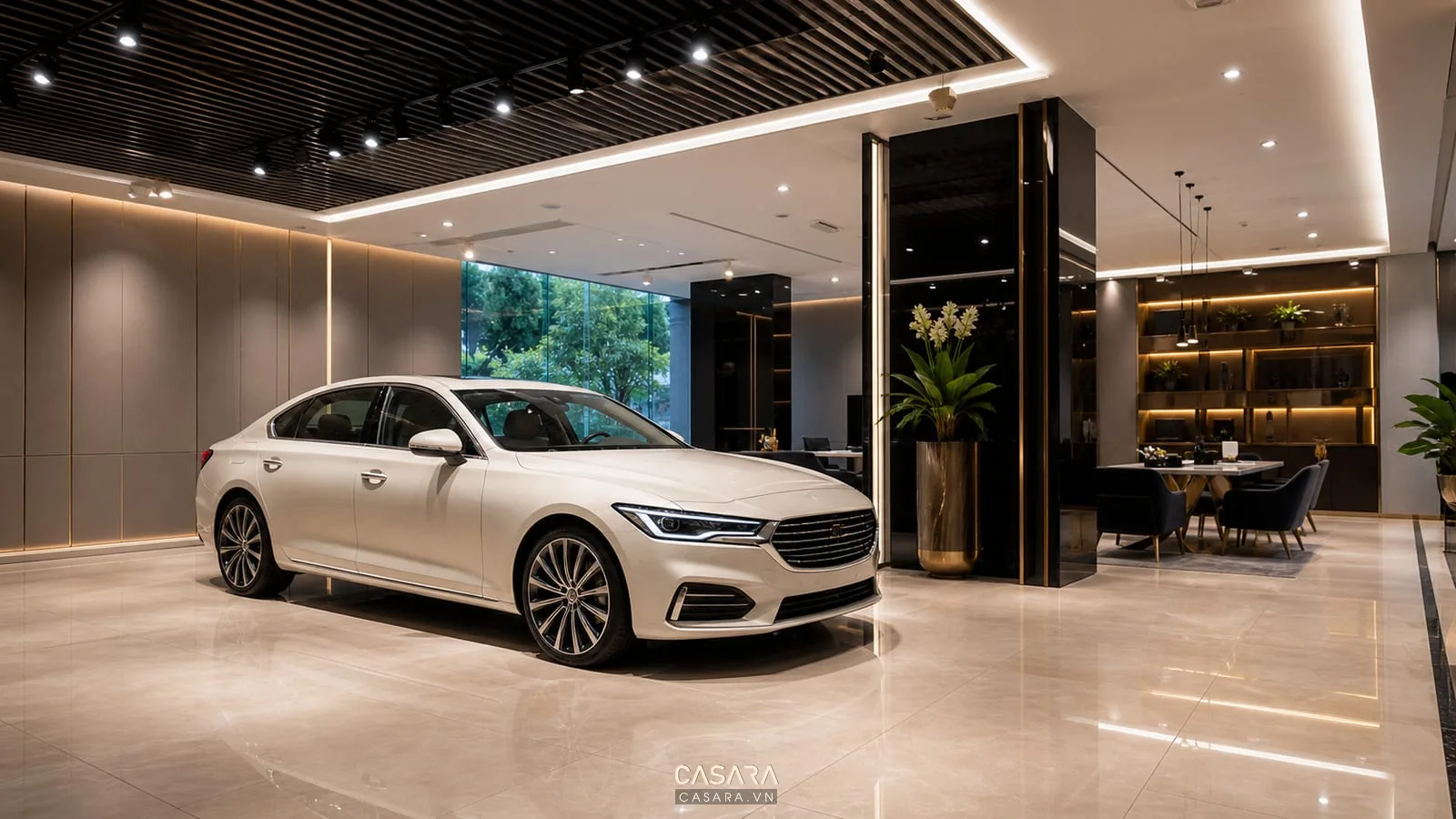 Thiết kế showroom ô tô với xe hơi và hệ đèn trần hiện đại