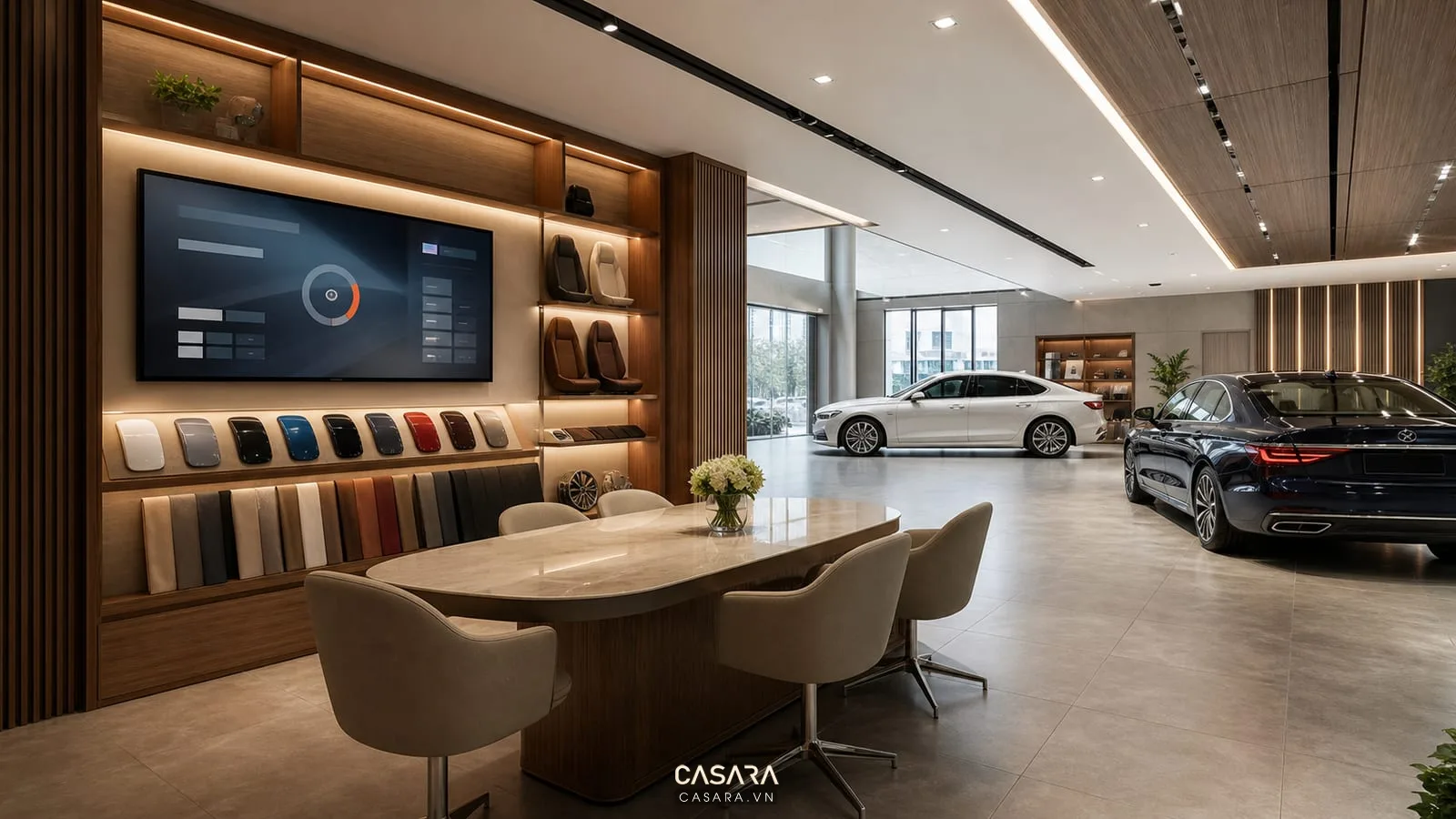 Khu cấu hình trong thiết kế nội thất showroom ô tô với mẫu vật liệu xe