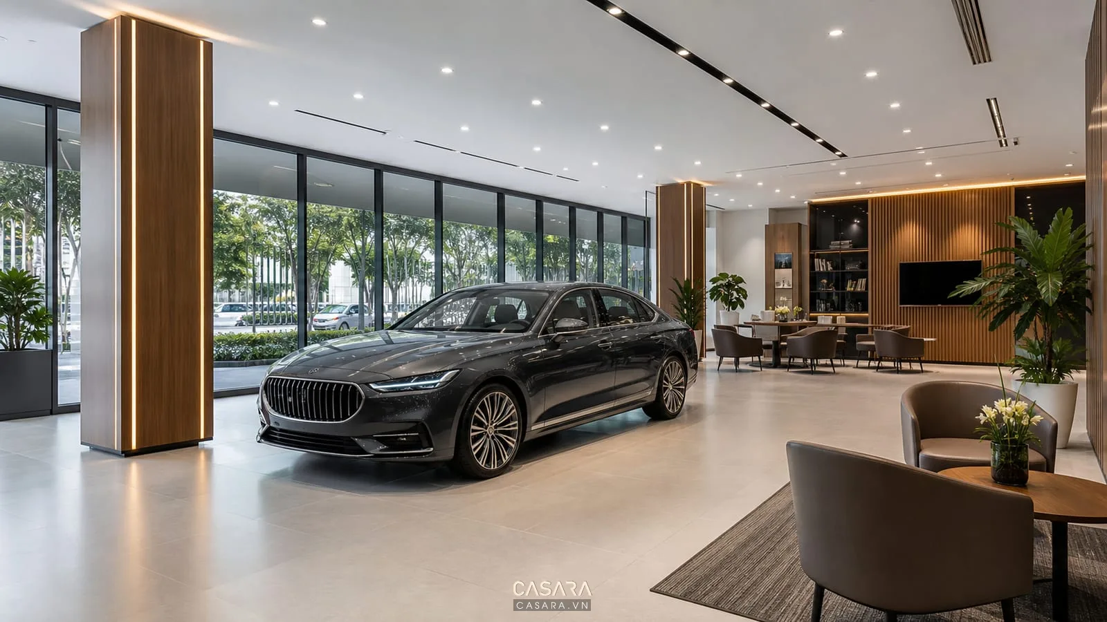 thiết kế nội thất showroom ô tô với xe trưng bày và khu tư vấn hiện đại