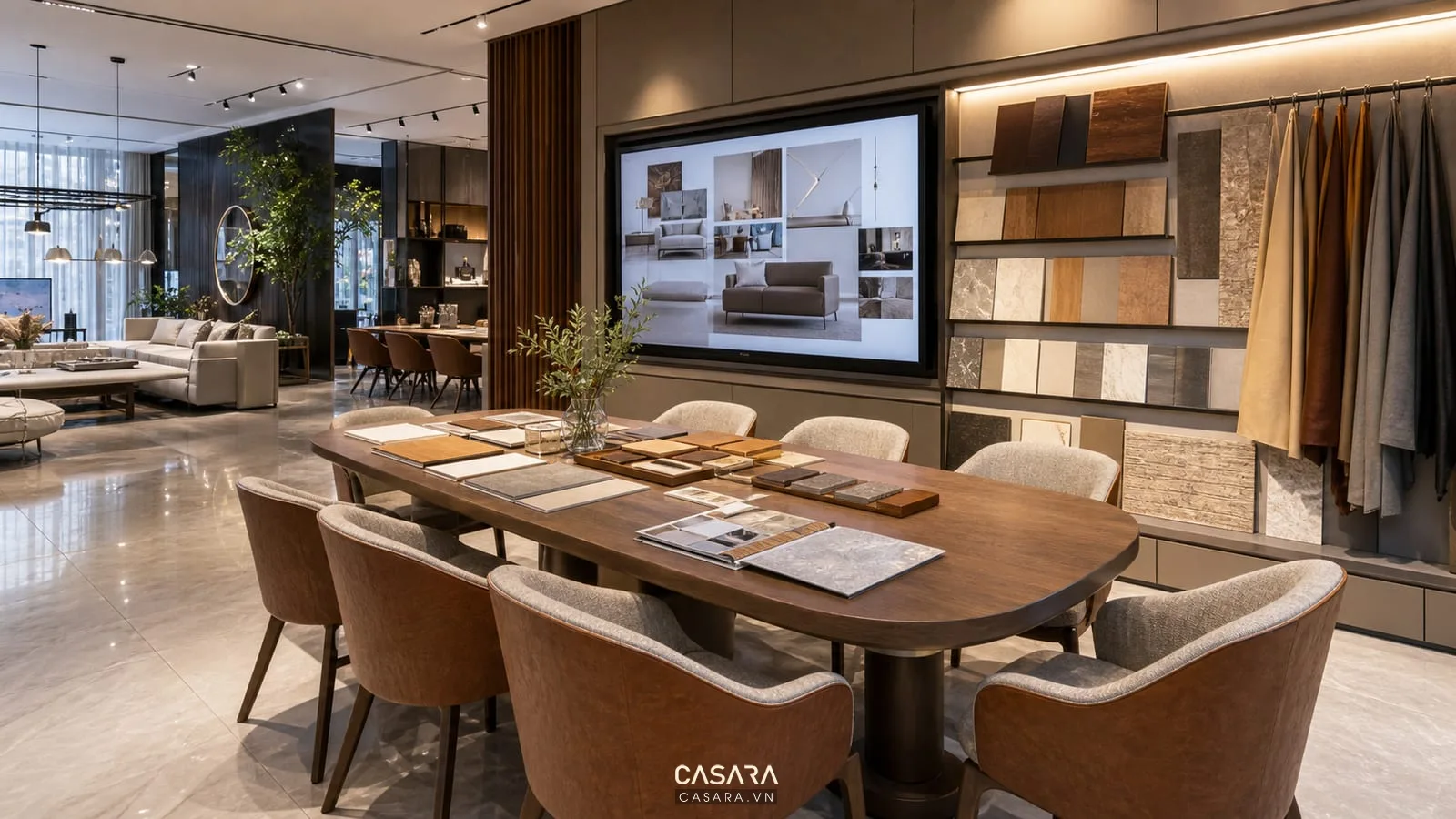 thiết kế showroom nội thất với bàn tư vấn và bảng mẫu vật liệu