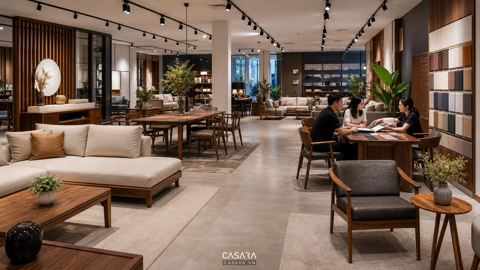 thiết kế showroom trưng bày nội thất với mặt bằng mở và khu tư vấn vật liệu