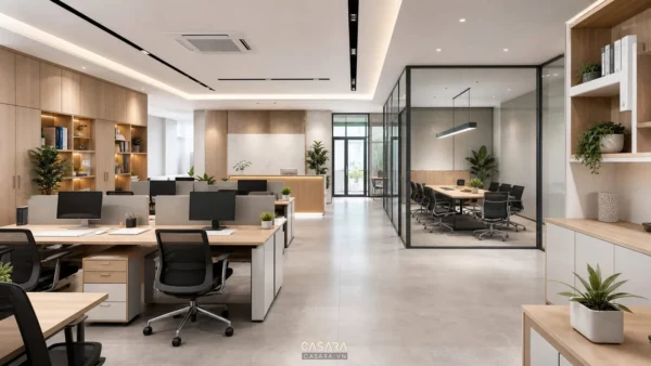 Thiết kế nội thất văn phòng 100m2 với khu làm việc mở và phòng họp kính