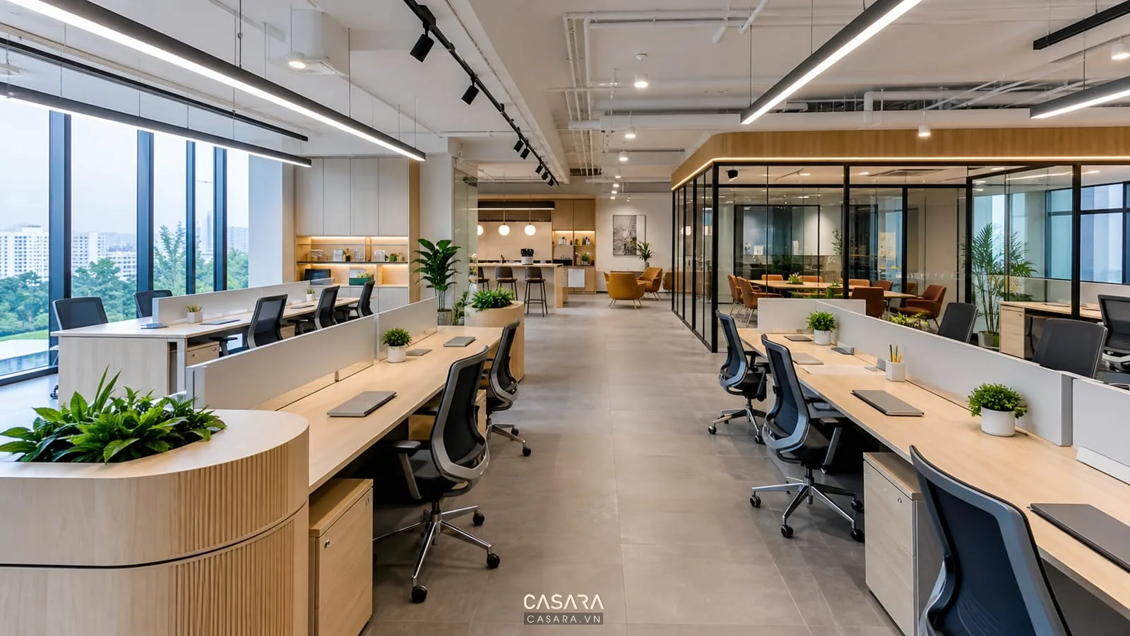 Thiết kế nội thất văn phòng 300m2 với khu làm việc mở và lối đi rộng