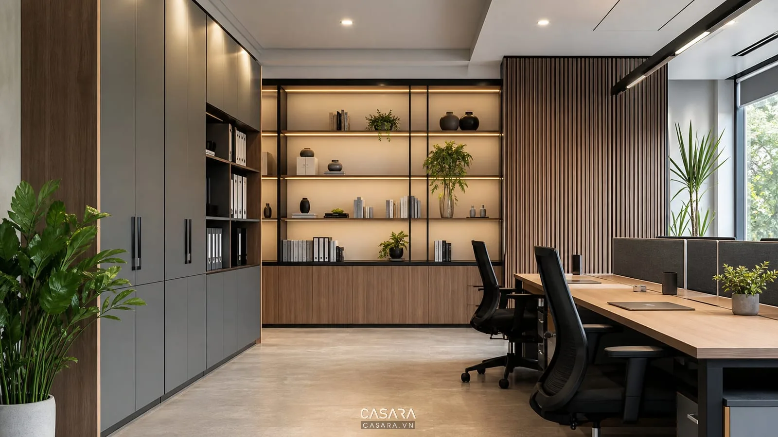 Tủ lưu trữ và ổ cắm âm bàn trong thiết kế nội thất văn phòng 300m2