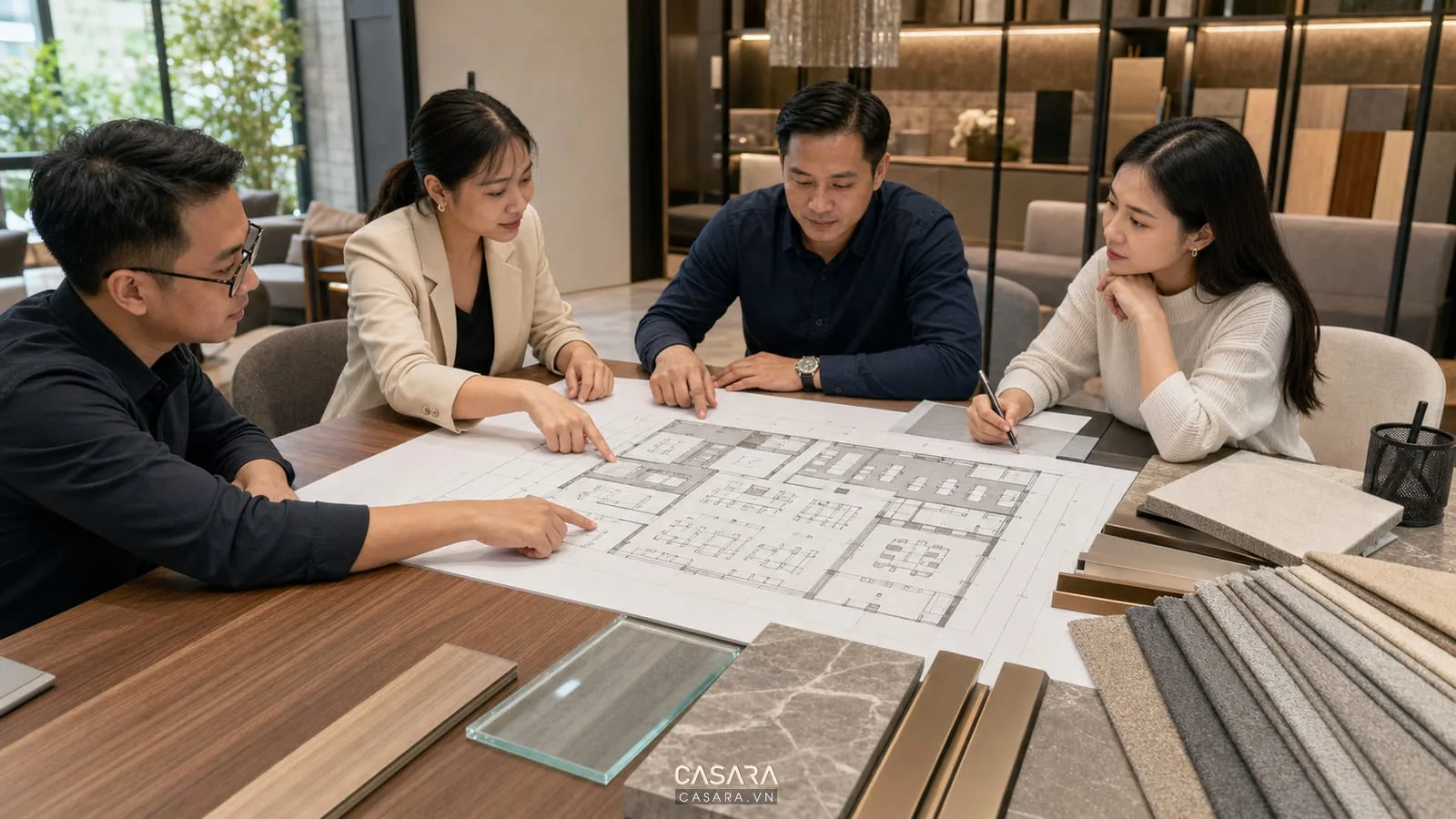 Tư vấn thiết kế nội thất văn phòng 300m2 với mặt bằng và mẫu vật liệu