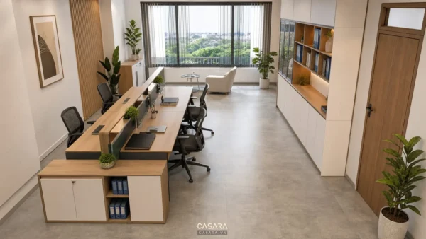 thiết kế nội thất văn phòng 30m2 với bàn làm việc nhóm và tủ tài liệu sát tường