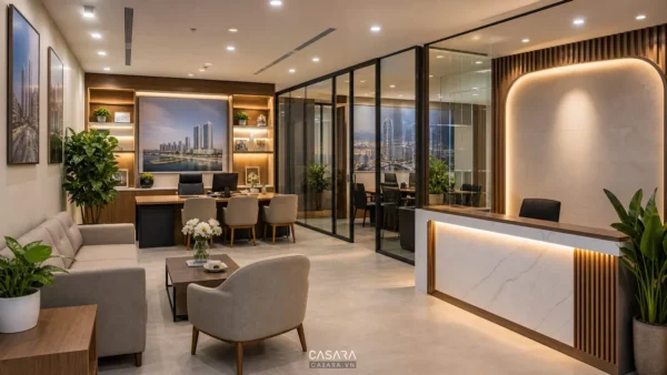 Thiết kế nội thất văn phòng bất động sản với quầy lễ tân và khu tiếp khách chuyên nghiệp