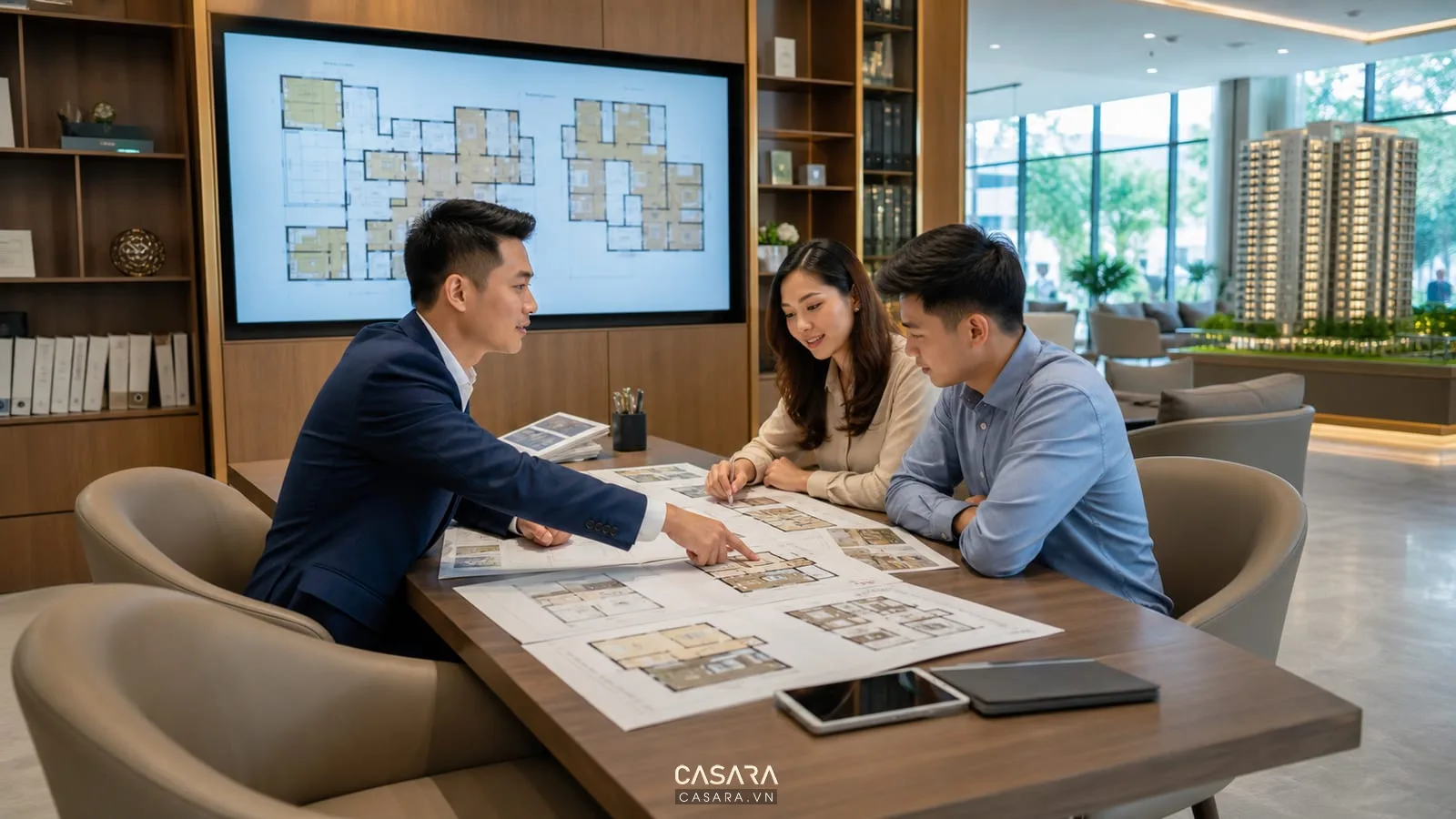 Thiết kế văn phòng giao dịch bất động sản với bàn tư vấn và khu trình bày dự án