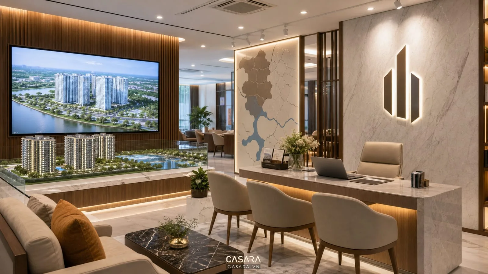 Văn phòng bất động sản với ánh sáng đẹp màn hình dự án và tường logo thương hiệu