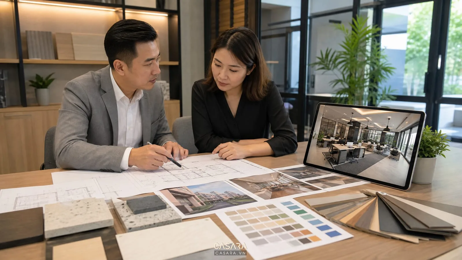 Tư vấn thiết kế nội thất văn phòng Bình Dương với bản vẽ mặt bằng, ảnh hiện trạng, mẫu vật liệu và phối cảnh 3D