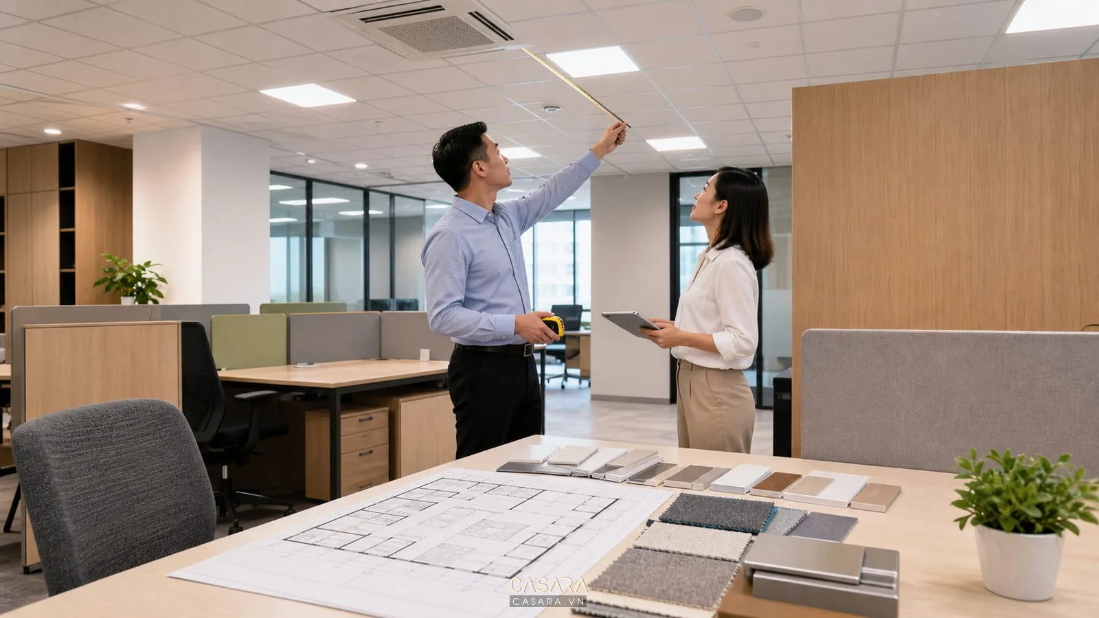 khảo sát thiết kế nội thất văn phòng giá rẻ với bản vẽ công năng và mẫu vật liệu