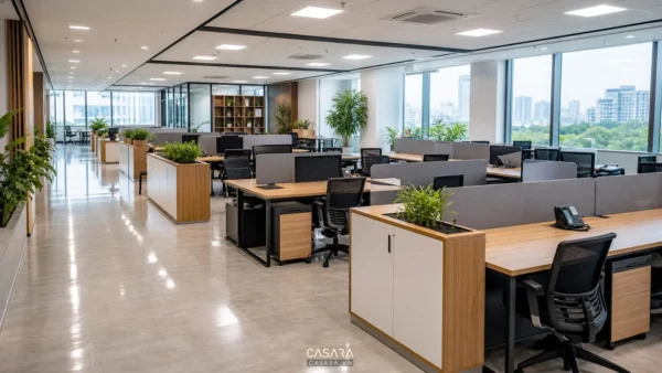 thiết kế nội thất văn phòng mở với cụm bàn làm việc và lối đi rộng