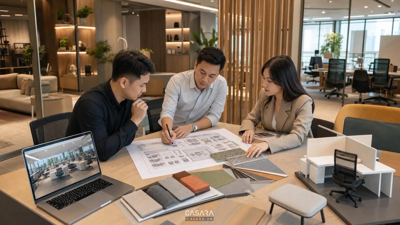 tư vấn thiết kế nội thất văn phòng mở với bản vẽ và mẫu vật liệu