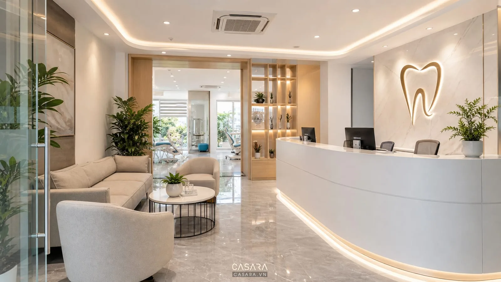 Thiết kế nội thất văn phòng nha khoa với quầy lễ tân và khu chờ hiện đại