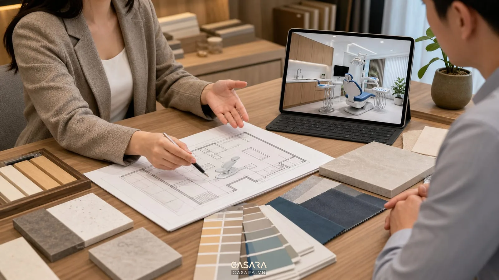 Tư vấn thiết kế nội thất văn phòng nha khoa với bản vẽ layout và mẫu vật liệu