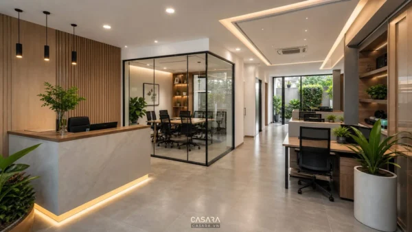 Thiết kế nội thất văn phòng Quận 12 với lễ tân, bàn làm việc, phòng họp kính và lối đi rõ ràng