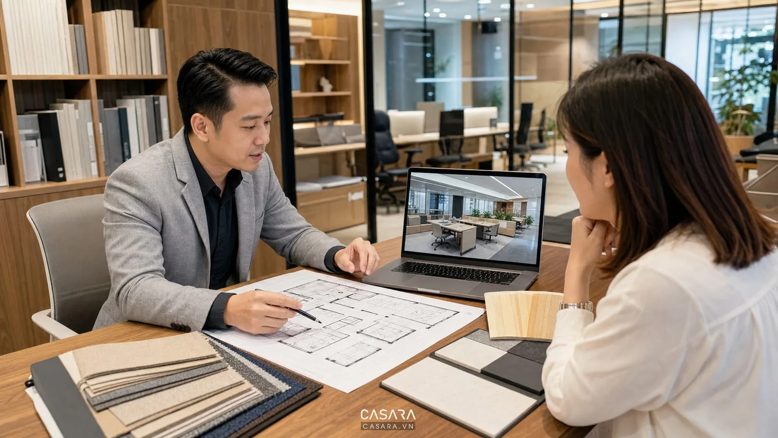 Tư vấn thiết kế nội thất văn phòng Quận 12 với kiến trúc sư, bản vẽ mặt bằng, phối cảnh 3D và mẫu vật liệu