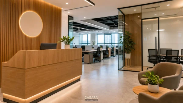 Thiết kế nội thất văn phòng Quận 2 với quầy lễ tân gỗ, logo, ghế chờ, vách kính phòng họp và khu làm việc hiện đại