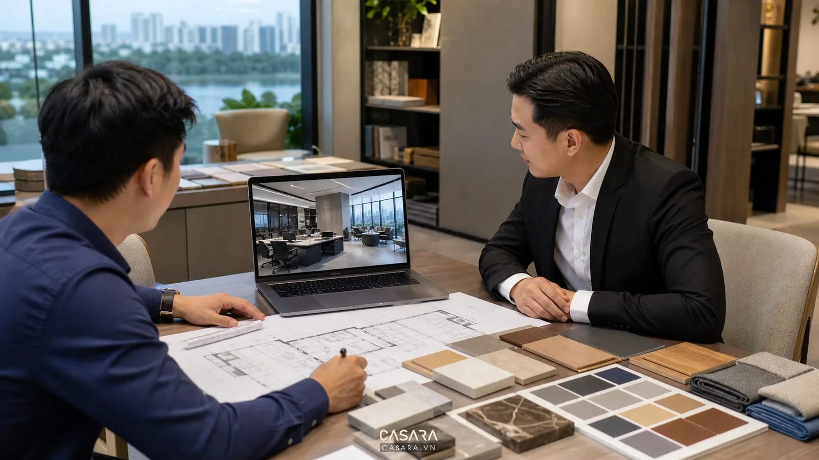 Tư vấn thiết kế nội thất văn phòng Quận 2 với kiến trúc sư, bản vẽ mặt bằng, phối cảnh 3D, mẫu gỗ, mẫu đá và bảng màu thương hiệu