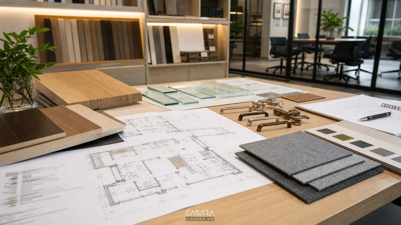 Tư vấn thiết kế nội thất văn phòng với bản vẽ, mẫu vật liệu gỗ kính nỉ và phụ kiện tủ