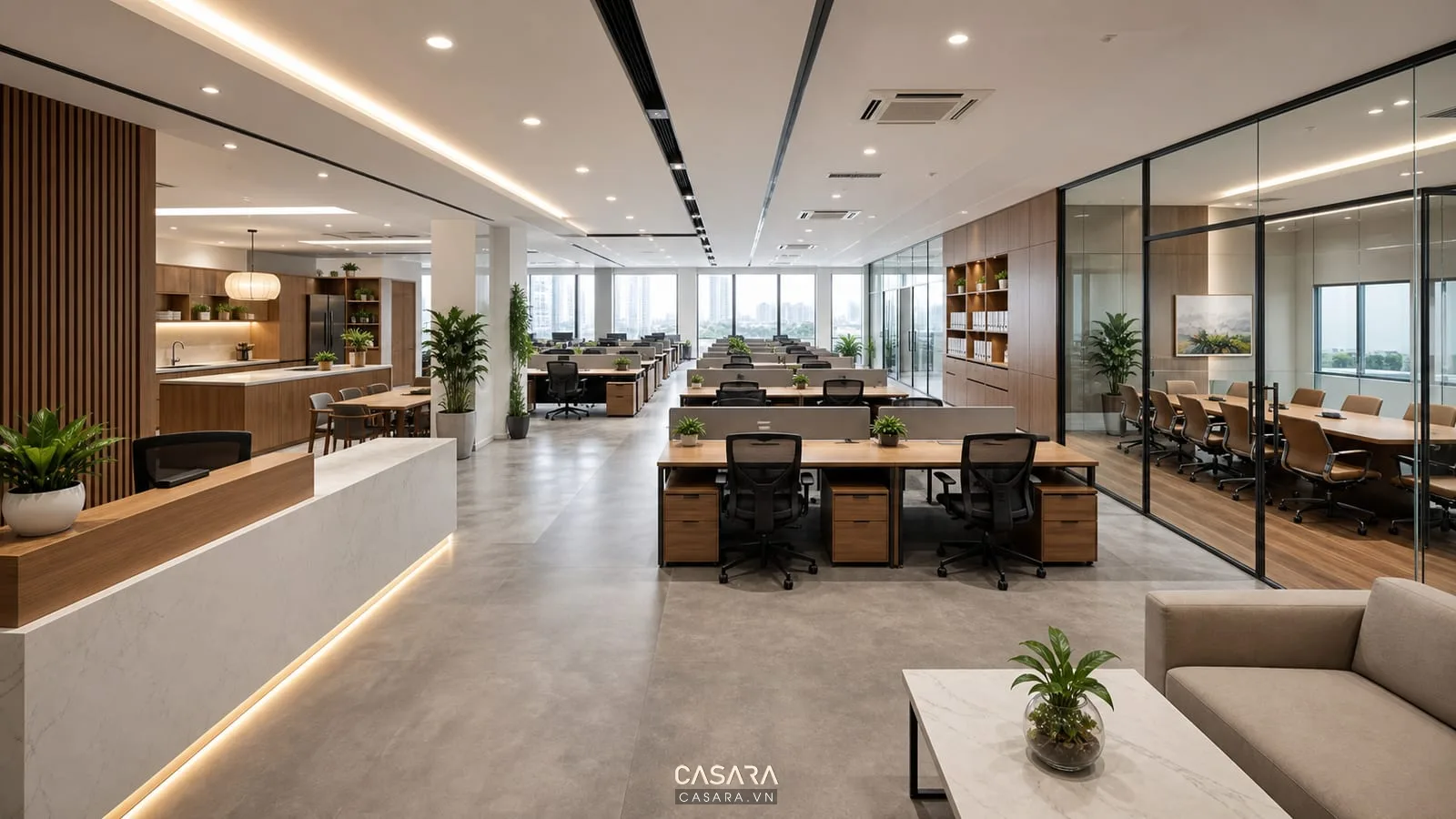 Layout thiết kế nội thất văn phòng 300m2 với lễ tân, cụm bàn nhân viên, phòng họp, pantry và tủ hồ sơ