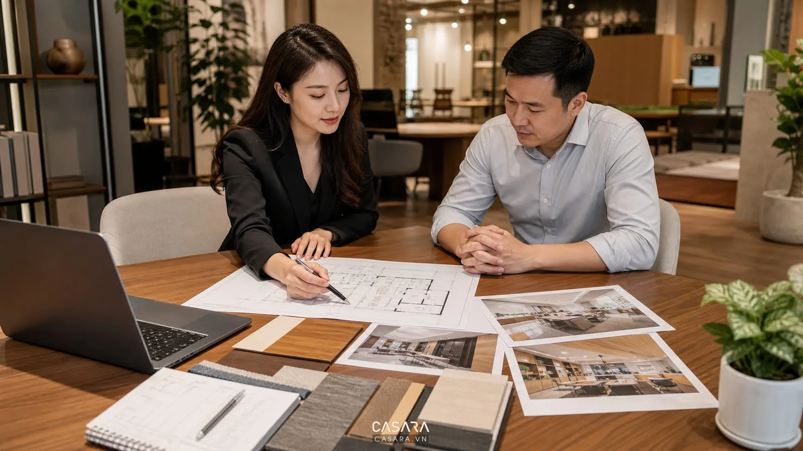 Công ty thiết kế nội thất văn phòng tư vấn bản vẽ mặt bằng phối cảnh 3D và mẫu vật liệu cho chủ doanh nghiệp