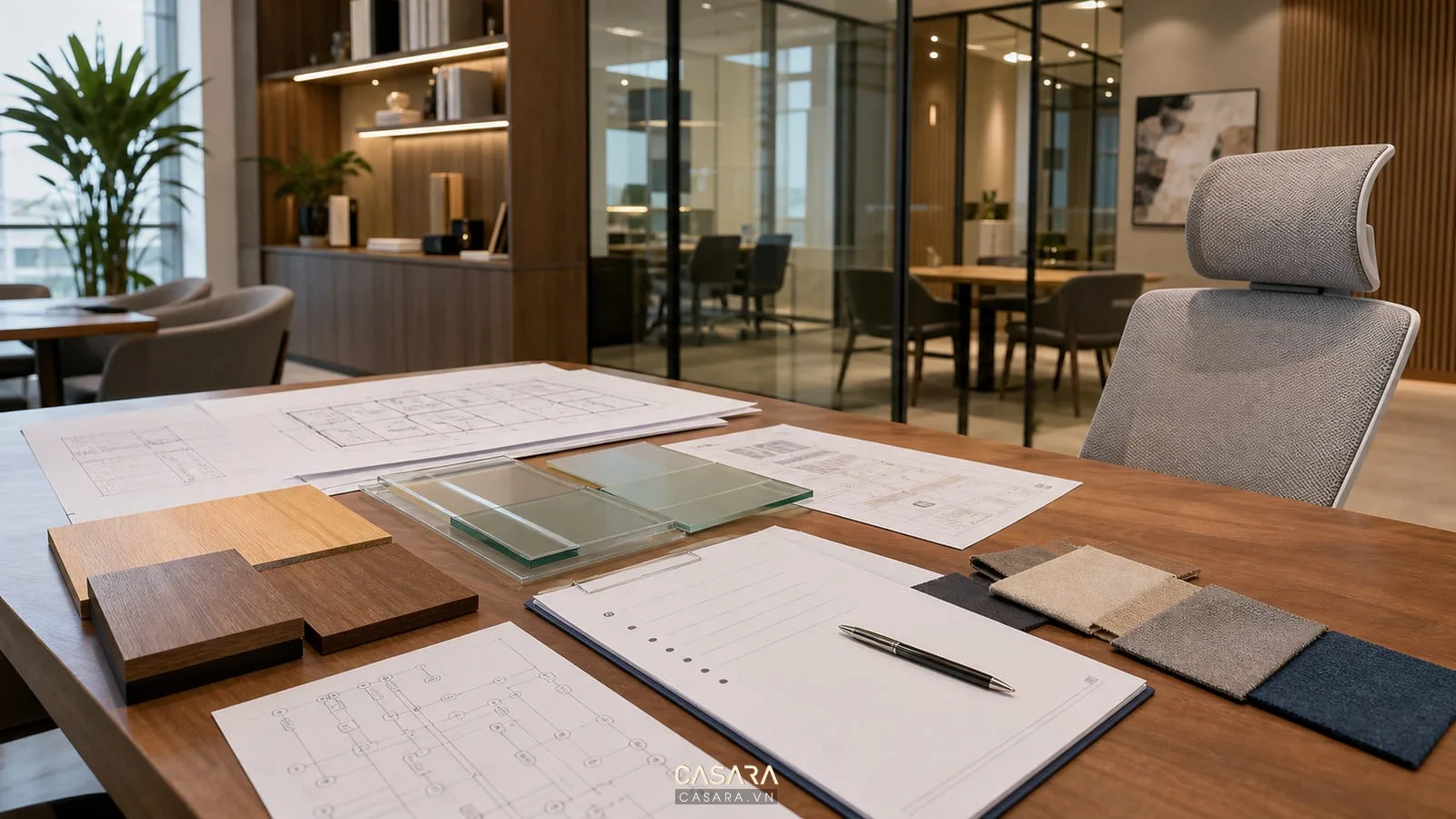 Checklist thiết kế nội thất văn phòng Quận 4 với bản vẽ mẫu gỗ kính sơ đồ điện ghế và phòng họp hiện đại