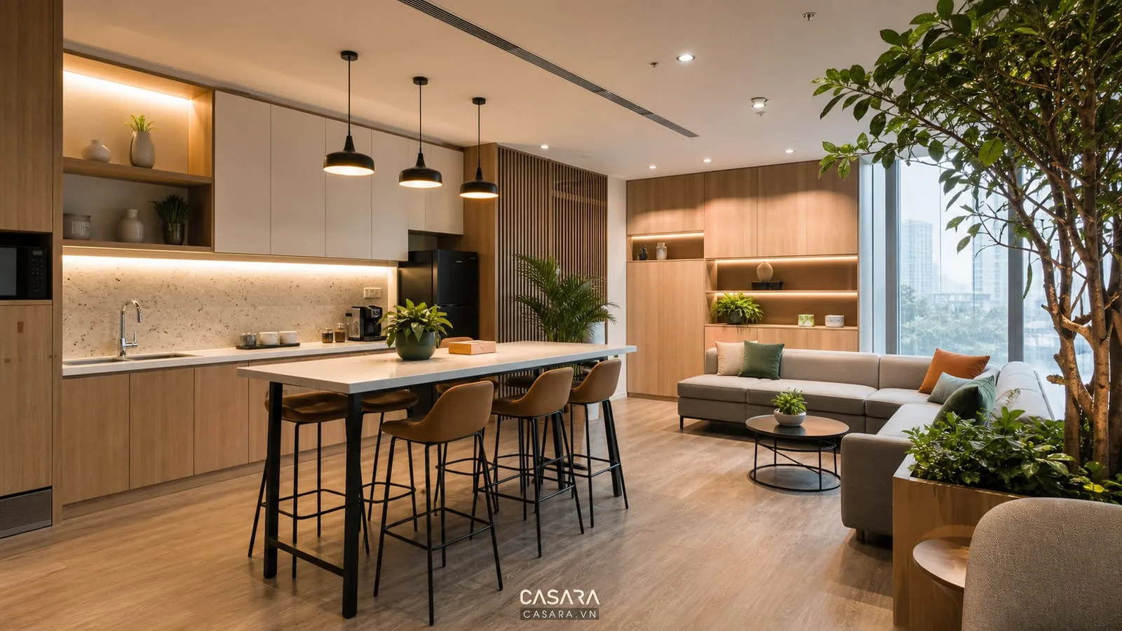 Khu pantry lounge trong thiết kế nội thất văn phòng quận 7 hiện đại
