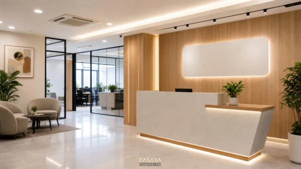 thiết kế nội thất văn phòng quận 8 với khu lễ tân hiện đại và vách gỗ sáng