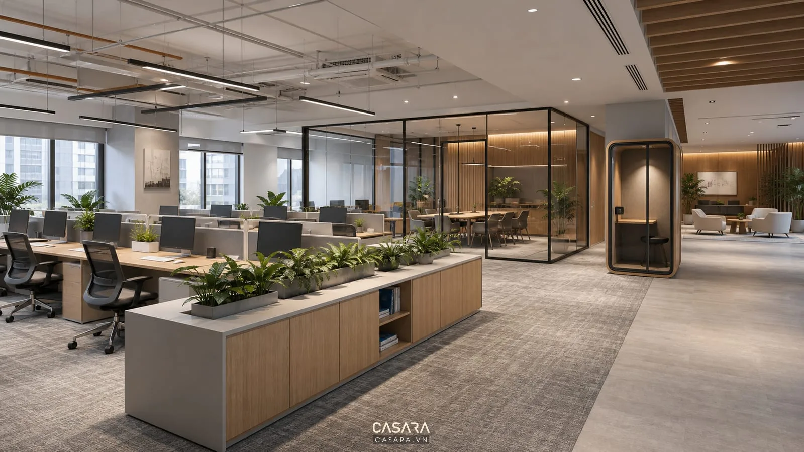 Ý tưởng thiết kế văn phòng hiện đại với không gian mở booth gọi điện và phòng họp kính