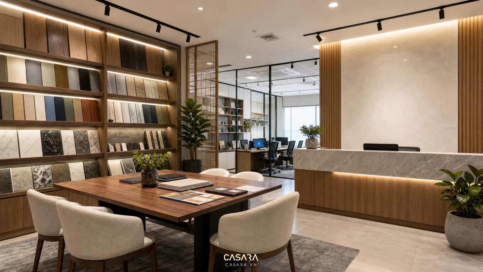 Thiết kế showroom văn phòng với tủ trưng bày vật liệu bàn tư vấn và khu làm việc