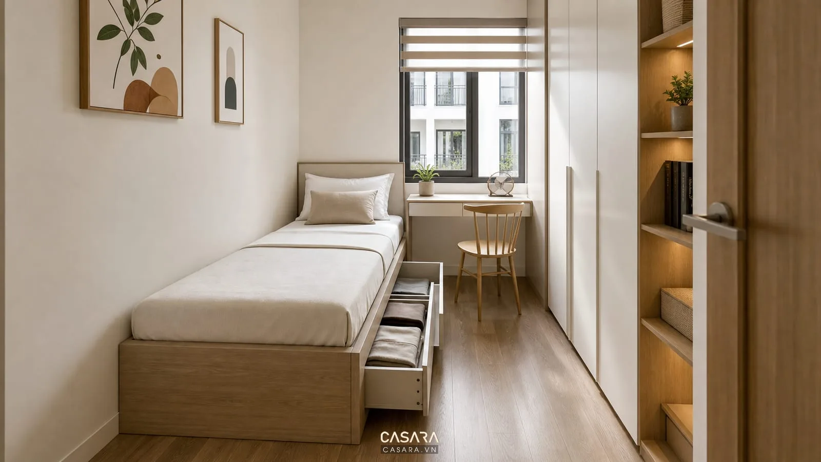Giường ngủ nhỏ có hộc lưu trữ cho thiết kế phòng 6m2