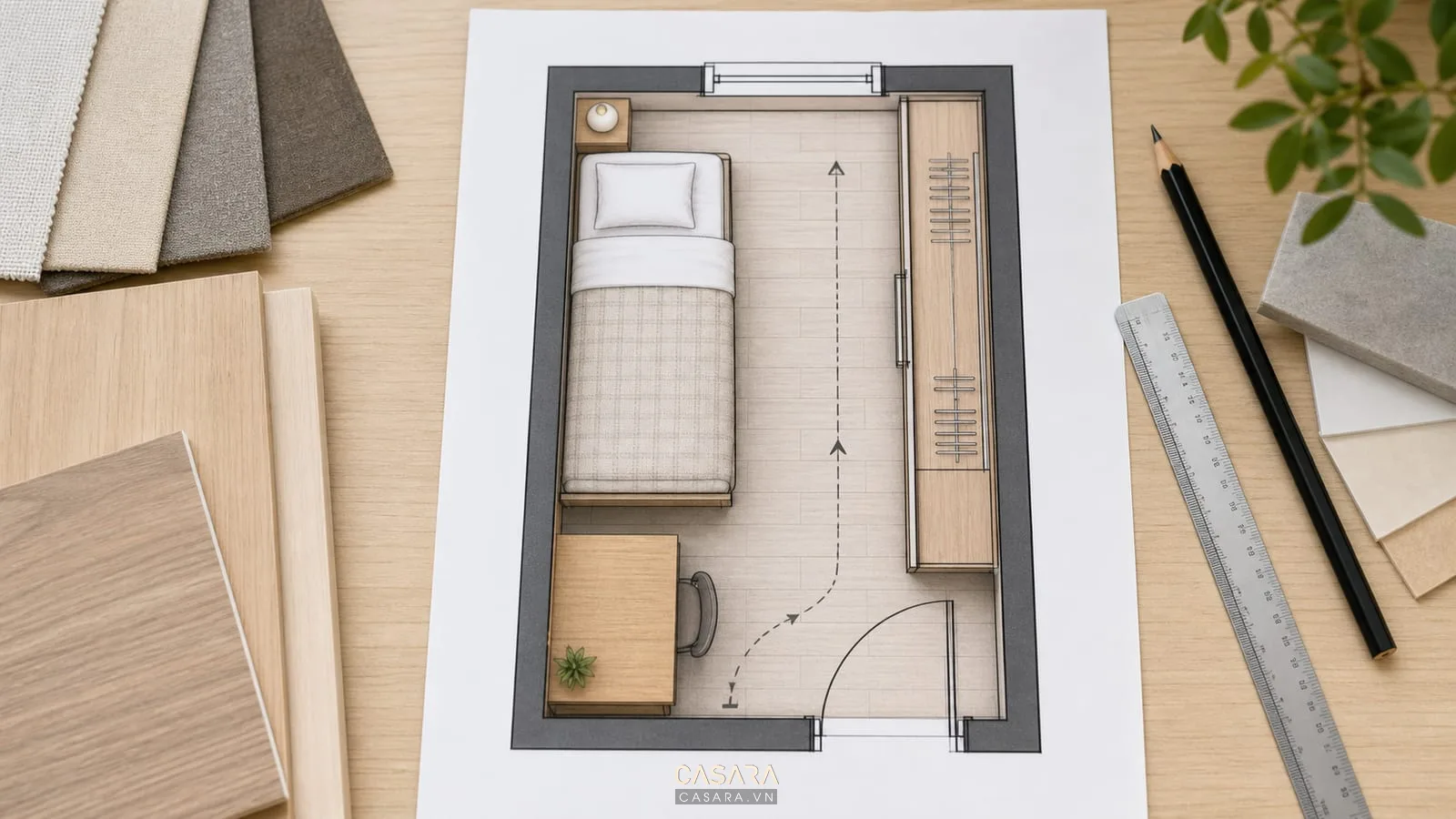 Bản vẽ thiết kế phòng 6m2 với giường tủ và lối đi rõ ràng