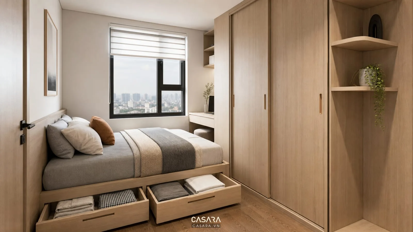Phòng ngủ 7m2 có giường sát tường và hộc kéo dưới gầm giường