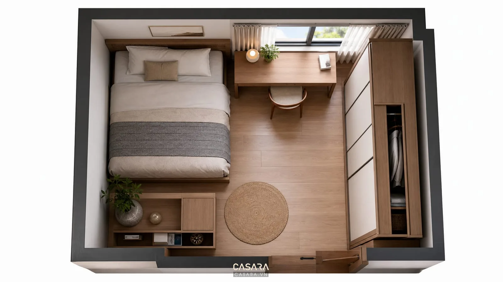 Bản vẽ bố trí phòng 7m2 với giường bàn học tủ áo và lối đi rõ