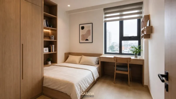 Thiết kế phòng 9m nhỏ gọn với giường, tủ áo, bàn làm việc cạnh cửa sổ và lối đi thoáng