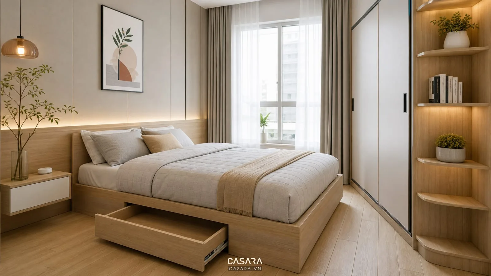 Phòng ngủ 9m có giường ngăn kéo, tủ áo cánh trượt và khoảng mở lưu trữ rõ ràng
