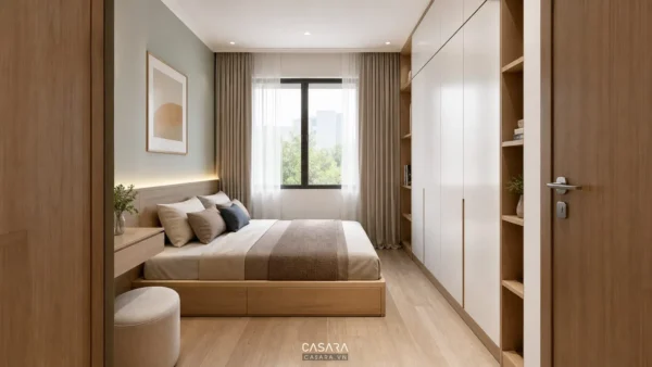 Thiết kế phòng 9m vuông với giường thấp, tủ áo sáng màu và lối đi gọn
