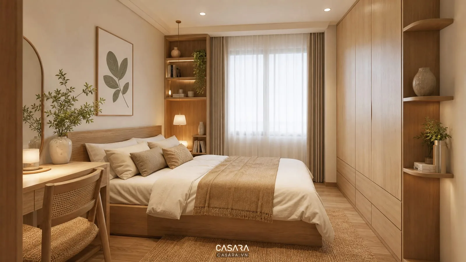Phòng ngủ 9m2 hoàn thiện với ánh sáng ấm, gỗ sáng và rèm mềm
