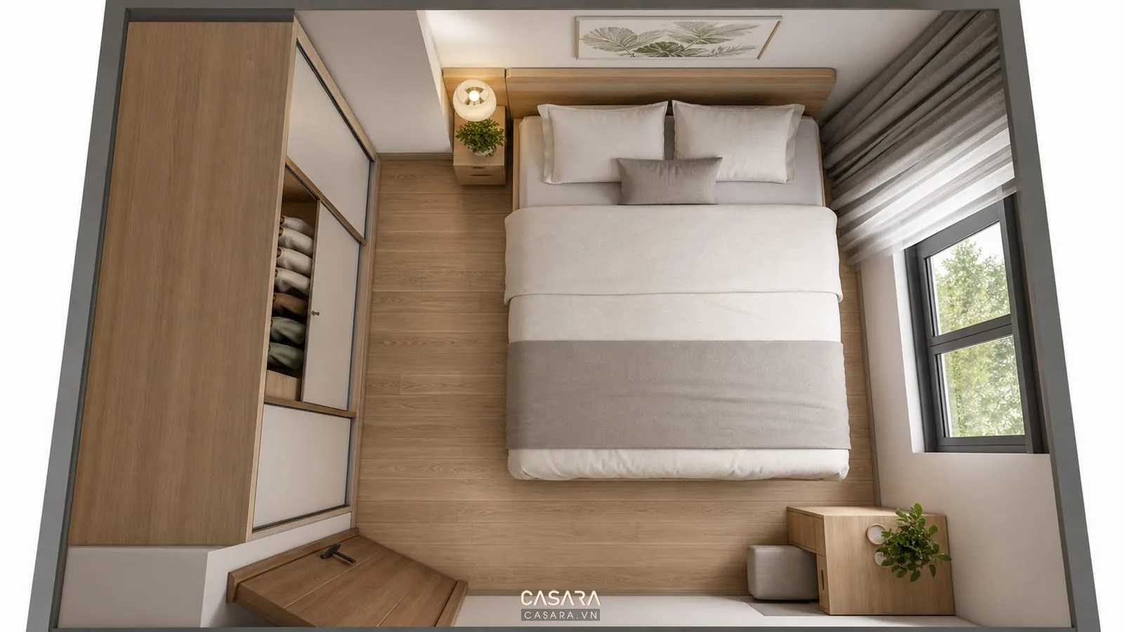 mặt bằng thiết kế phòng ngủ 9m2 với lối đi quanh giường