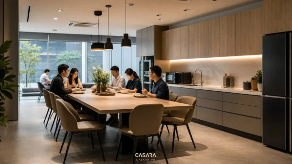 thiết kế phòng ăn văn phòng hiện đại với bàn ăn và khu pantry