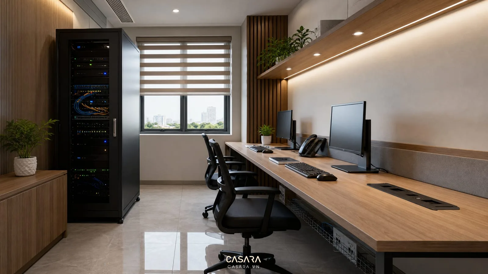Phòng IT có ổ cắm âm bàn, dây mạng và tủ rack nhỏ được bố trí gọn gàng