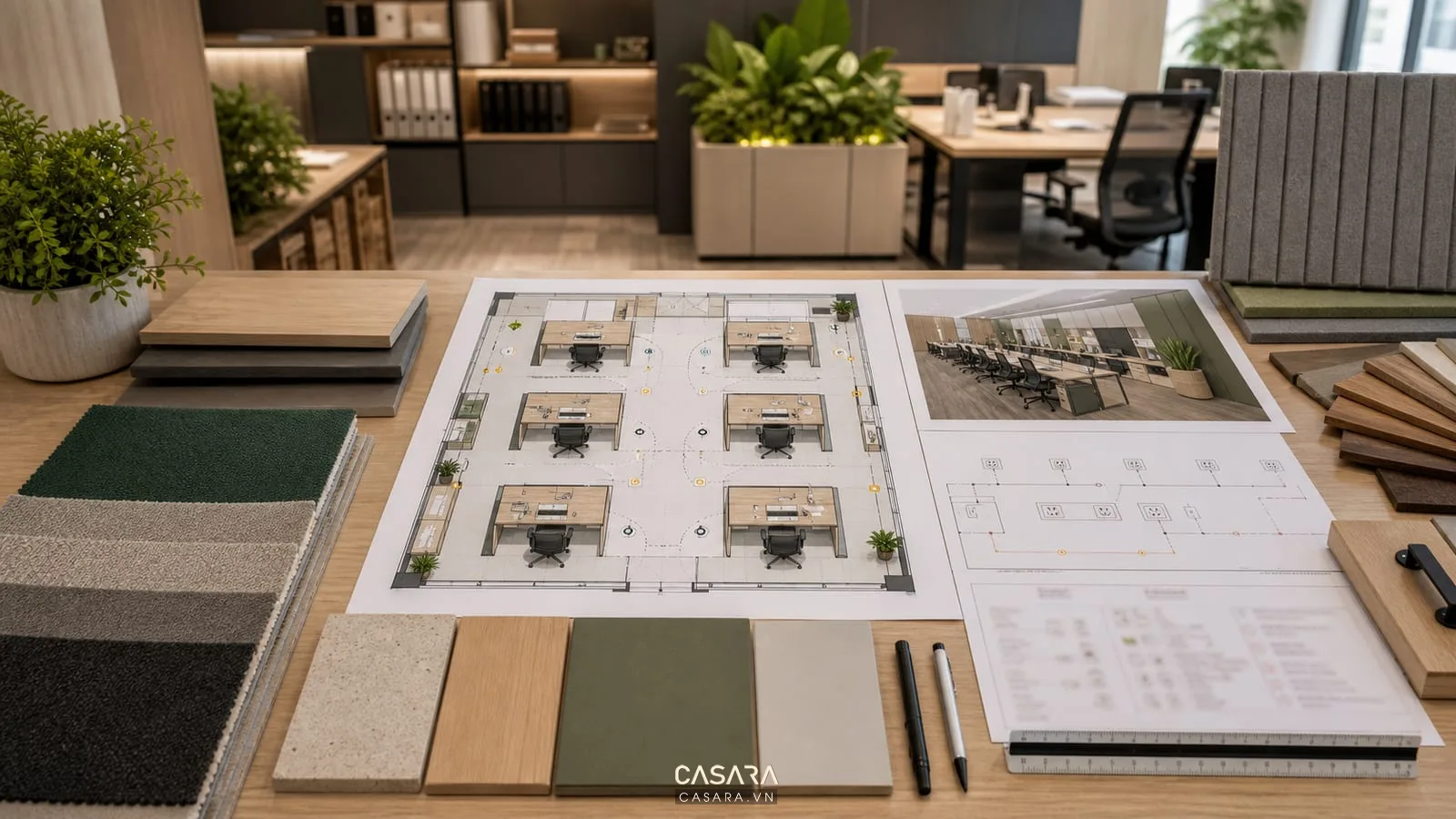 bản vẽ thiết kế phòng làm việc 6 người với mẫu vật liệu và sơ đồ ổ cắm