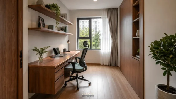 Thiết kế phòng làm việc 6m2 với bàn sát tường và kệ treo gọn gàng